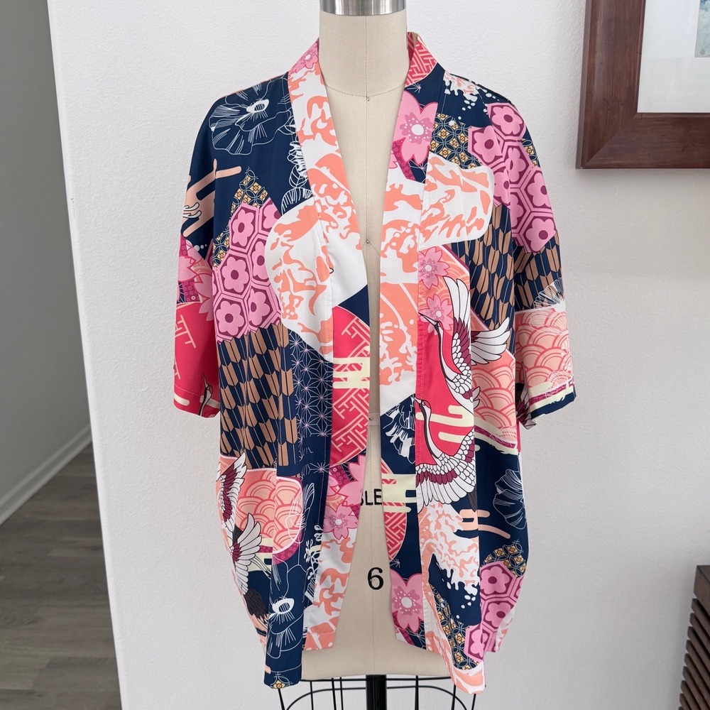 Japanese Crane Patchwork Print Open Front Kimono Cardigan Pink Navy Blue